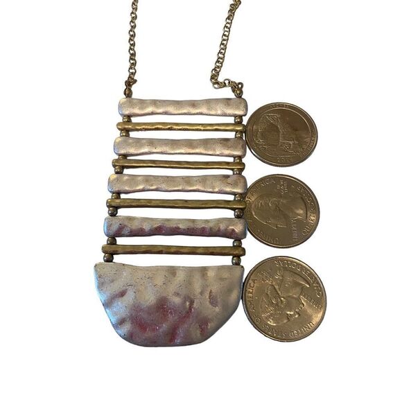Hammered Silver & Gold Toned Drop Pendant Necklace on extra long chain. - Picture 8 of 8